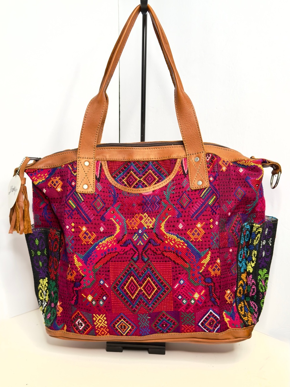 Boho Gypsy Peruvian Tapestry Style Magent Tote/Backpack Bag Lt. Brown Leather